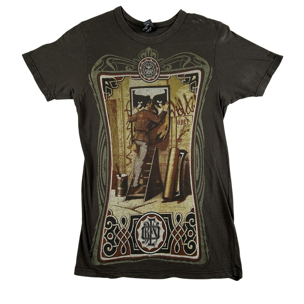 Obey Giant Shirt Mens Small Brown Street Art Graffiti Graphic Tee Made USA